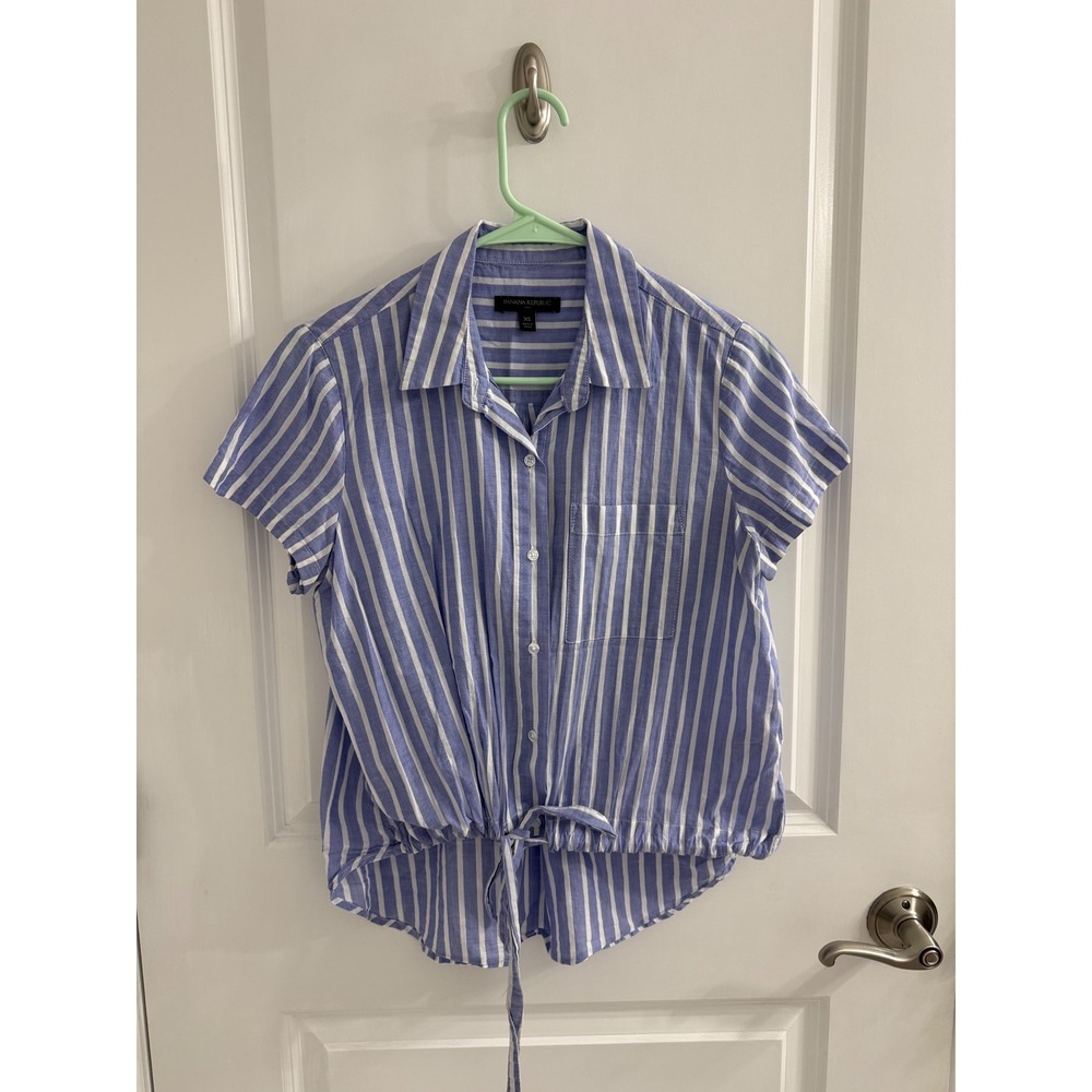 Banana Republic Blue White Striped Tie Front Cotton Button Down Shirt XS